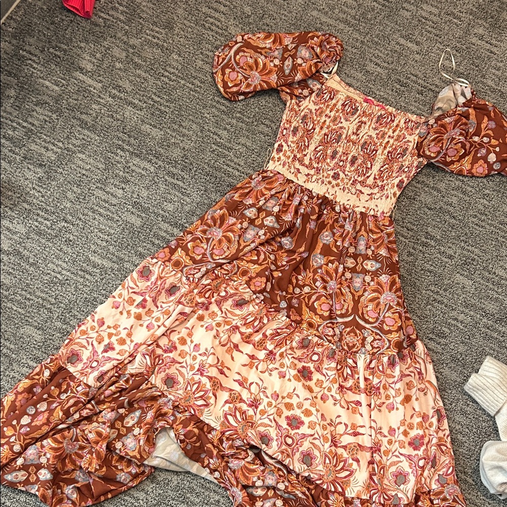 Flying Tomato Bohemian Long Sleeve Belted Dress - Brown and Cream